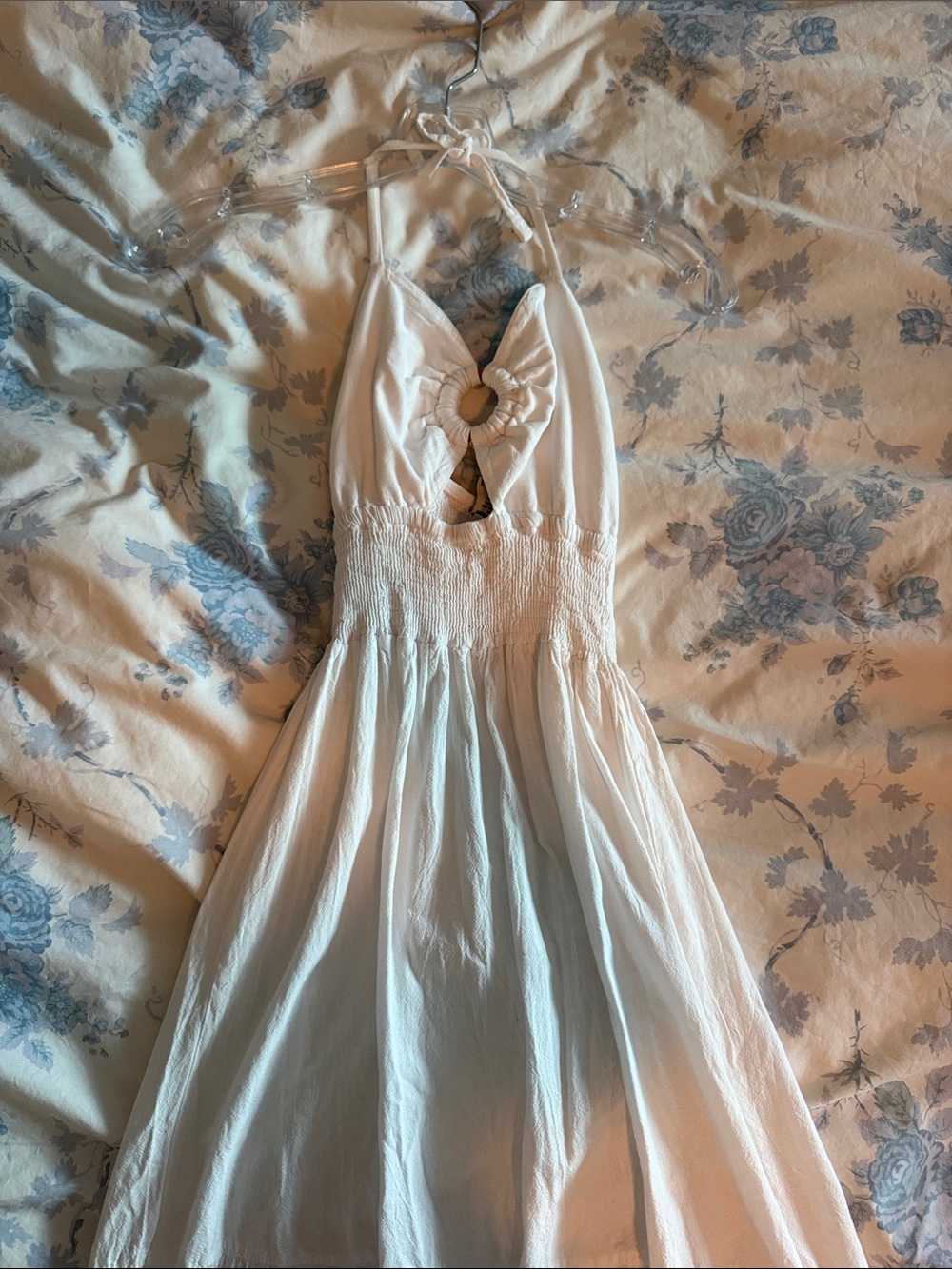 Backless White Halter Midi Dress with Front Ring Detail